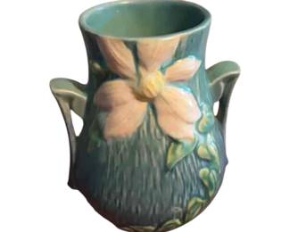 Roseville Art Pottery Clematis handle glazed vase with blue-green glaze, circa 1944 to 1954.