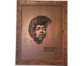 Decorative framed artwork featuring portrait of Jimi Hendrix. Circuit 1970s – 80s.