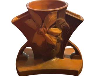 Roseville Art Pottery Clematis triple spout vase, circa 1944 to 1954.