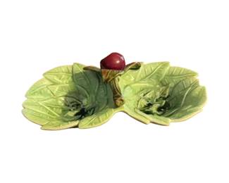 Vintage California Pottery leaf-shaped double dish with an apple accent. Circa 1950s