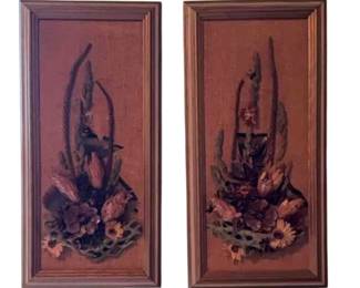 Pair of vintage framed dried floral arrangements on textured background. Circa mid-20th century.