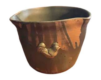 Handmade studio pottery pot with applied frog and drip glaze. Circa late 20th century.