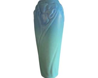 Van Briggle pottery vase with daffodil motif in Ming blue glaze. Circuit 1910 to 1920.