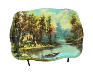 Vintage mid-century TV tray with cabin and lake scene. Circa 1950s – 1960s.