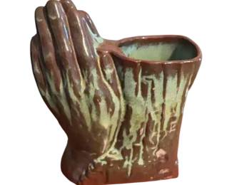 Vintage ceramic praying hands planter with brown and green glaze. Circa mid-20th century.