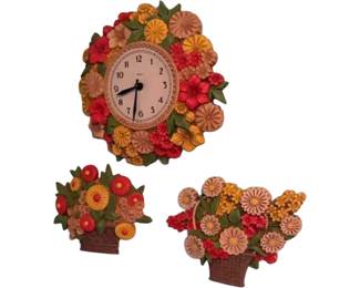 Vintage Syroco model plastic floral wall clock with matching decor. Circa 1975.