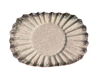 USA graniteware with fluted-edge tart or pudding mold, marked 303. Circa 1890 to 1910.