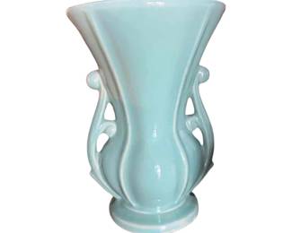 McCoy turquoise aqua double handled pottery vase. Circa mid-20th century.