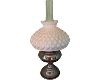 Converted oil lamp with hobnail milk glass, shade, and brass base. Late 19 century.