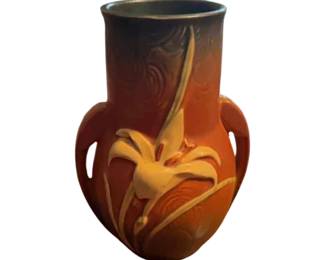 Roseville Art Pottery Zephyr Lily bud vase with brown glaze, circa 1946.