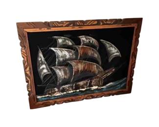 Mid-century Mexican black velvet painting of a galleon ship. Circa mid-century.