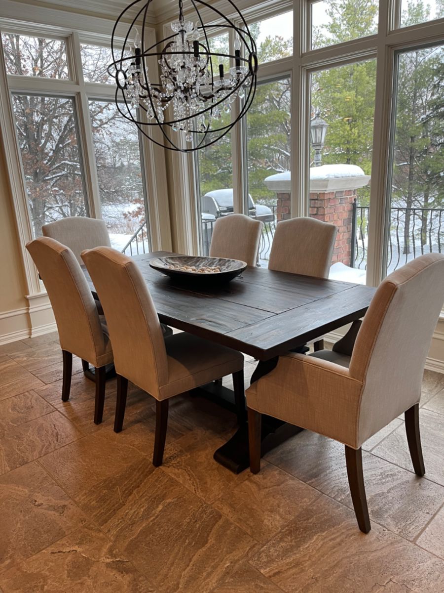 Restoration Hardware Salvaged Wood Extending Trestle dining table - 84L x 42w x 30 as shown plus two 18" extensions available - RH Hudson Parsons chairs - 5 side chairs, 2 arm chairs
