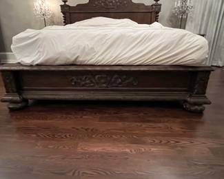 Restoration Hardware French Empire carved king bed frame + 2 open nightstands