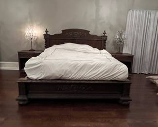Restoration Hardware French Empire carved king bed frame + 2 open nightstands