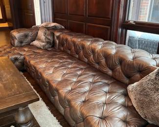 Restoration Hardware Timothy Oulton Soho tufted leather 3pc sofa sectional, Chesterfield style - 174L x 28h overall as shown – 96L x 47d center section – 38w x 74L chaise ends