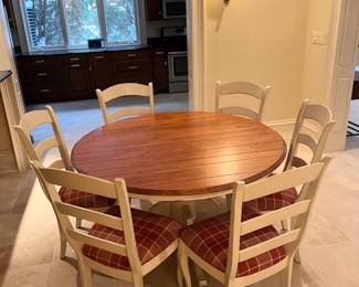 Nichols & Stone French Country painted 54" dining table with wood top and a 20" leaf - red plaid upholstered dining chairs