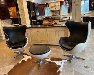 Restoration Hardware Copenhagen hair-on-hide Egg chairs (2) + ottoman - 43.5h x 31w x 31d – swivel ottoman 27.5w x 21.5d x 19.5h