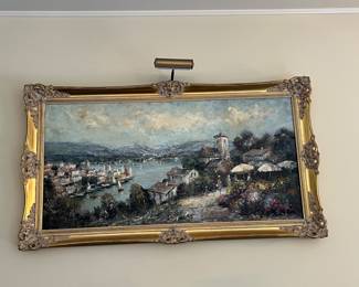 Harbor scene original painting by KH Fassbender 54w x 30h