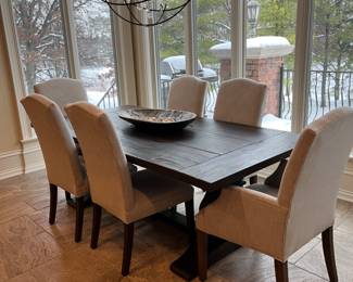 Restoration Hardware Salvaged Wood Extending Trestle dining table - 84L x 42w x 30 as shown plus two 18" extensions available - RH Hudson Parsons chairs - 5 side chairs, 2 arm chairs