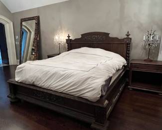 Restoration Hardware French Empire carved king bed frame + 2 open nightstands