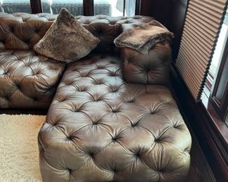 Restoration Hardware Timothy Oulton Soho tufted leather 3pc sofa sectional, Chesterfield style - 174L x 28h overall as shown – 96L x 47d center section – 38w x 74L chaise ends