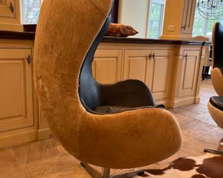 Restoration Hardware Copenhagen hair-on-hide Egg chairs (2) + ottoman - 43.5h x 31w x 31d – swivel ottoman 27.5w x 21.5d x 19.5h