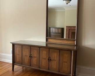 MCM White Fine Furniture king bedroom suite -  low dresser w/ mirror - Tempered glass top - 72w x 20d x 33h. Mirror is 34.25w x 60h. 