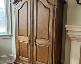 Media Armoire – scroll top, 6 internal drawers, cut out back, brackets for 2 shelves and hanging rod. Doors open flat 54w x 24d x 88h