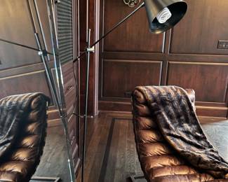 Restoration Hardware Oviedo leather chaise in brown. RH adjustable floor lamp. 