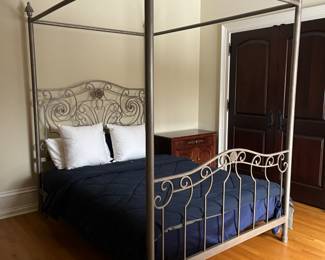 Queen 4 poster/canopy bed. 63w x 90h. Aged bronze with distressed finish.