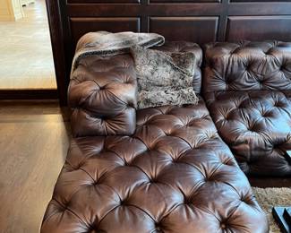 Restoration Hardware Timothy Oulton Soho tufted leather 3pc sofa sectional, Chesterfield style - 174L x 28h overall as shown – 96L x 47d center section – 38w x 74L chaise ends
