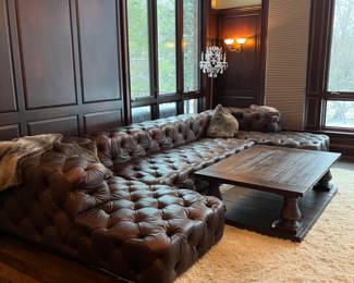 Restoration Hardware Timothy Oulton Soho tufted leather 3pc sofa sectional, Chesterfield style - 174L x 28h overall as shown – 96L x 47d center section – 38w x 74L chaise ends