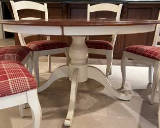 Nichols & Stone French Country painted 54" dining table with wood top and a 20" leaf - red plaid upholstered dining chairs
