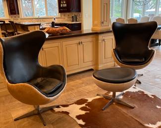 Restoration Hardware Copenhagen hair-on-hide Egg chairs (2) + ottoman - 43.5h x 31w x 31d – swivel ottoman 27.5w x 21.5d x 19.5h