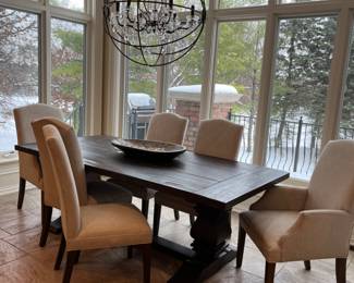 Restoration Hardware Salvaged Wood Extending Trestle dining table - 84L x 42w x 30 as shown plus two 18" extensions available - RH Hudson Parsons chairs - 5 side chairs, 2 arm chairs