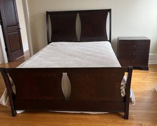Queen dark wood bed frame - 56h headboard x 30h footboard x 64w. and matching nightstand