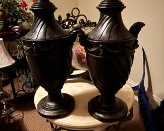Pair of decorative resin urns