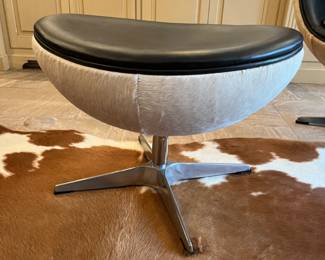 Restoration Hardware Copenhagen hair-on-hide Egg chairs (2) + ottoman - 43.5h x 31w x 31d – swivel ottoman 27.5w x 21.5d x 19.5h