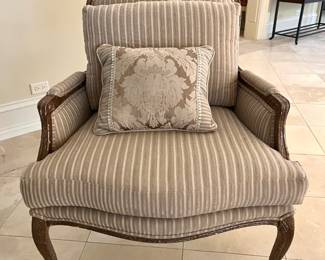 pair linen covered bergere arm chairs - – 33w x 32d x 41.5h