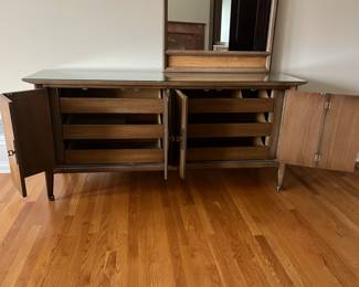 MCM White Fine Furniture king bedroom suite -  low dresser w/ mirror - Tempered glass top - 72w x 20d x 33h. Mirror is 34.25w x 60h. 