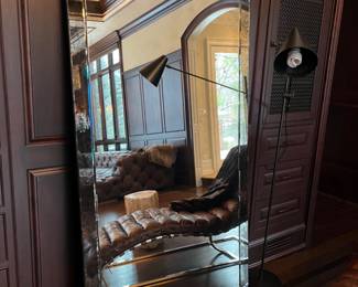 Large beveled glass floor mirror, 78h x 42w, RH lamp and RH chaise