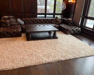 Restoration Hardware Timothy Oulton Soho tufted leather 3pc sofa sectional, Chesterfield style - 174L x 28h overall as shown – 96L x 47d center section – 38w x 74L chaise ends