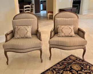 pair linen covered bergere arm chairs - – 33w x 32d x 41.5h