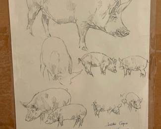 Signed Oil on Board "The Pig Farm" (Near Sugar Creek Ohio) by LESLIE COPE (1976) - Includes Pig Line Art