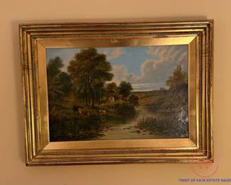 Antique Original Oil on Canvas Scottish Highland Cattle in Countryside by EDWARD HEATON (English, 19th C)