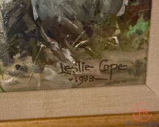 Signed Oil on Board "The Hitching Rail" by LESLIE COPE (1988)