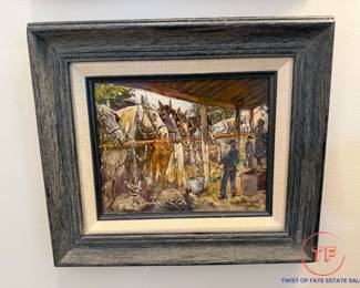 Signed Oil on Board "Hitching Rail at the County Fair" (Mount Hope, Ohio) by LESLIE COPE (1980)