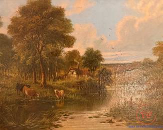 Antique Original Oil on Canvas Scottish Highland Cattle in Countryside by EDWARD HEATON (English, 19th C)