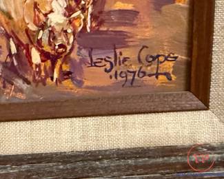 Signed Oil on Board "The Pig Farm" (Near Sugar Creek Ohio) by LESLIE COPE (1976) - Includes Pig Line Art