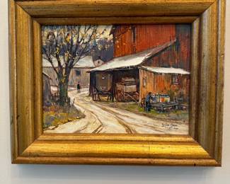 Signed Oil on Board "An Amish Farm Scene" by LESLIE COPE (1976)